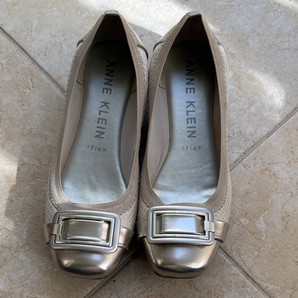 Anne Klein Taupe Flats with Gold Buckle